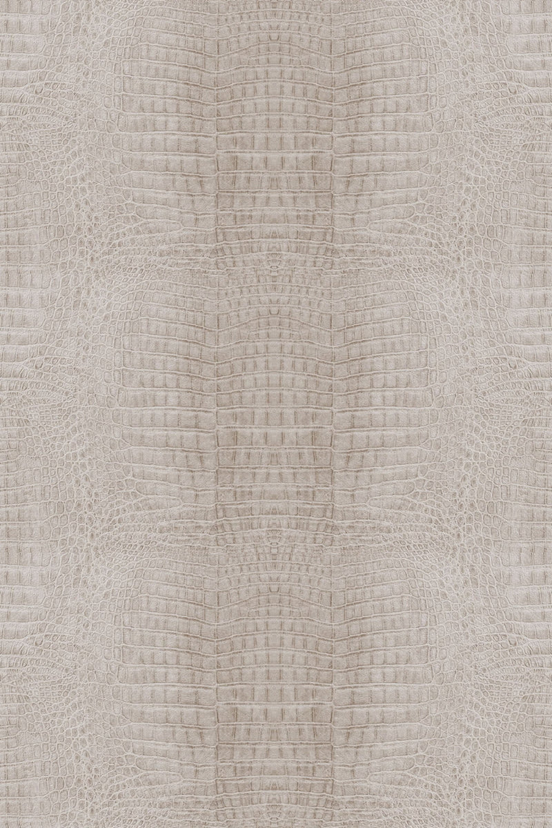 Textured crocodile skin pattern in neutral beige tones with intricate scales in a repeating design. Peel and stick removable wallpaper.