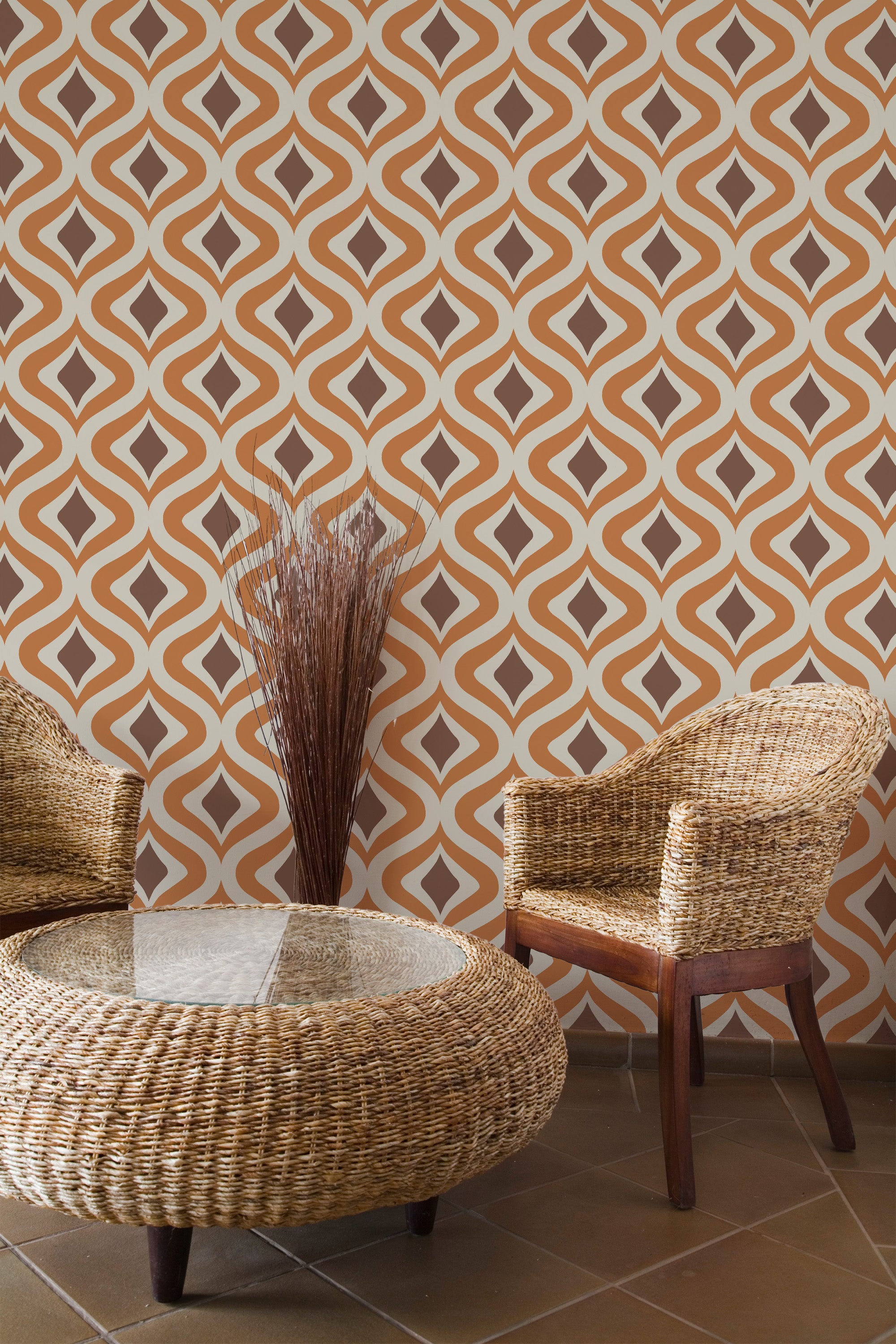 Self-adhesive Retro orange wallpaper with a repeating geometric pattern of interlocking diamond shapes in shades of orange, brown, and beige.