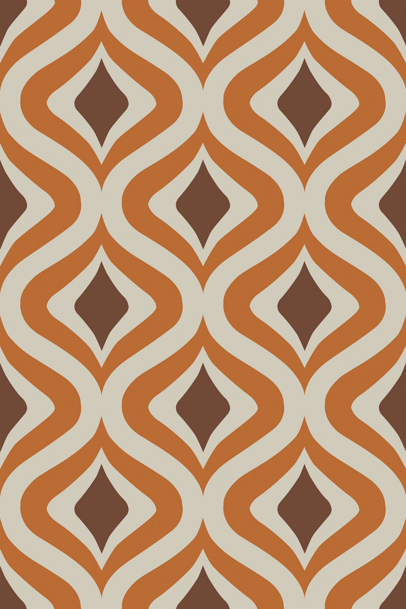 Bold, vintage-inspired wallpaper pattern with orange, brown, and cream colors forming a repeating diamond-like design set within wavy, geometric shapes. Peel and stick removable wallpaper.