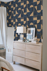         
peel and stick wallpaper retro tile accent wall bedroom dresser mirror minimalist interior