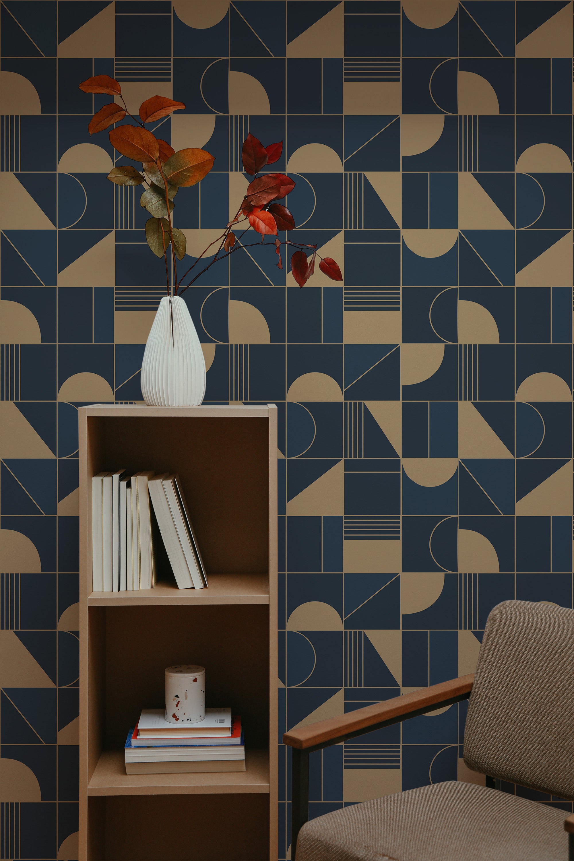 Self-adhesive wallpaper with a retro tile design, featuring geometric shapes in muted blue and beige tones.