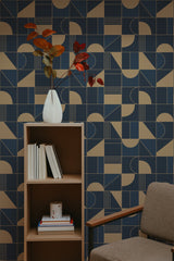 self-adhesive wallpaper retro tile pattern bookshelf armchair decorative plant interior