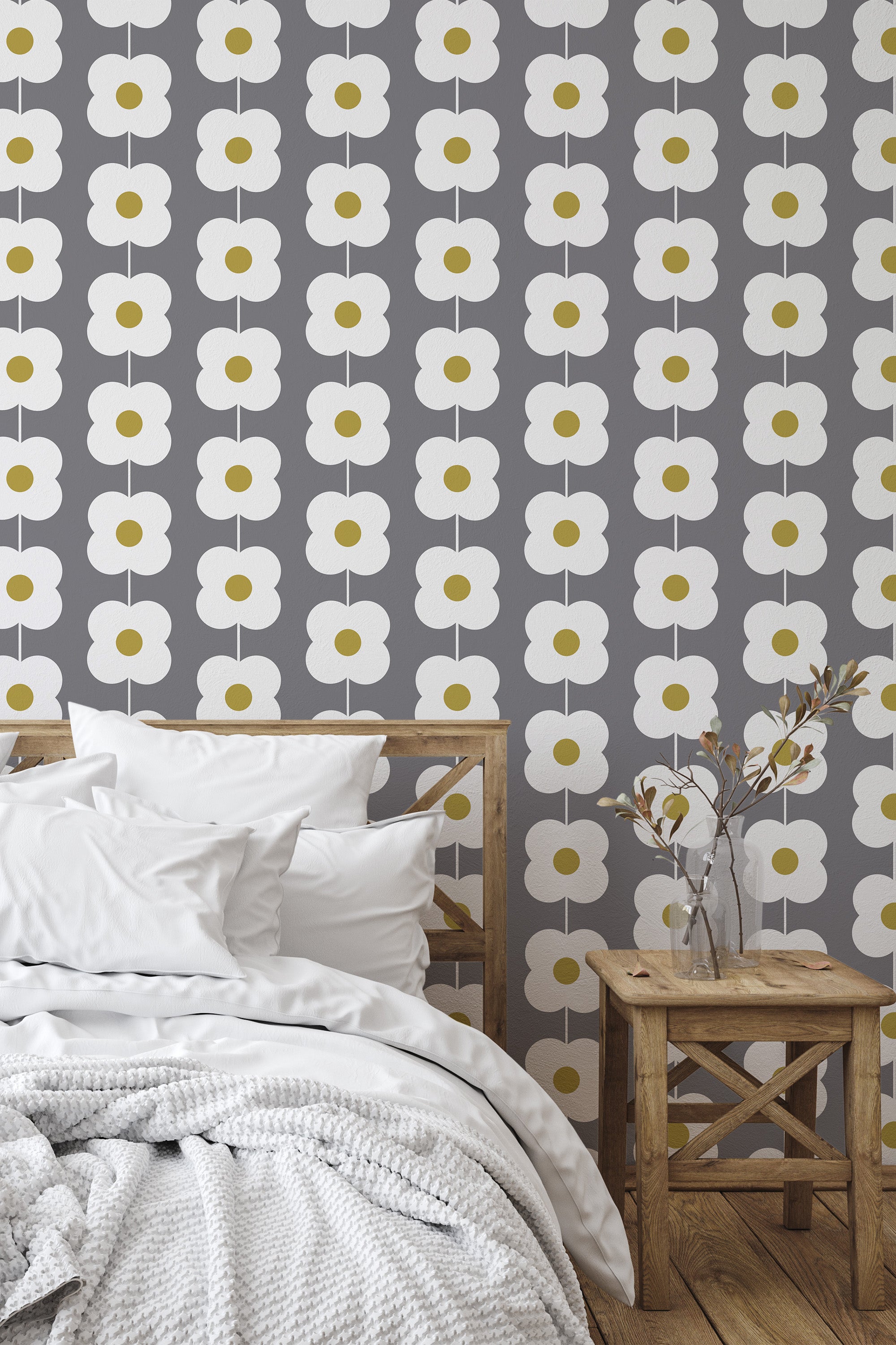 Self-adhesive Retro flower line wallpaper with a pattern of white retro-style flowers with yellow centers on a grey background, adding a bold and stylish look to the room.