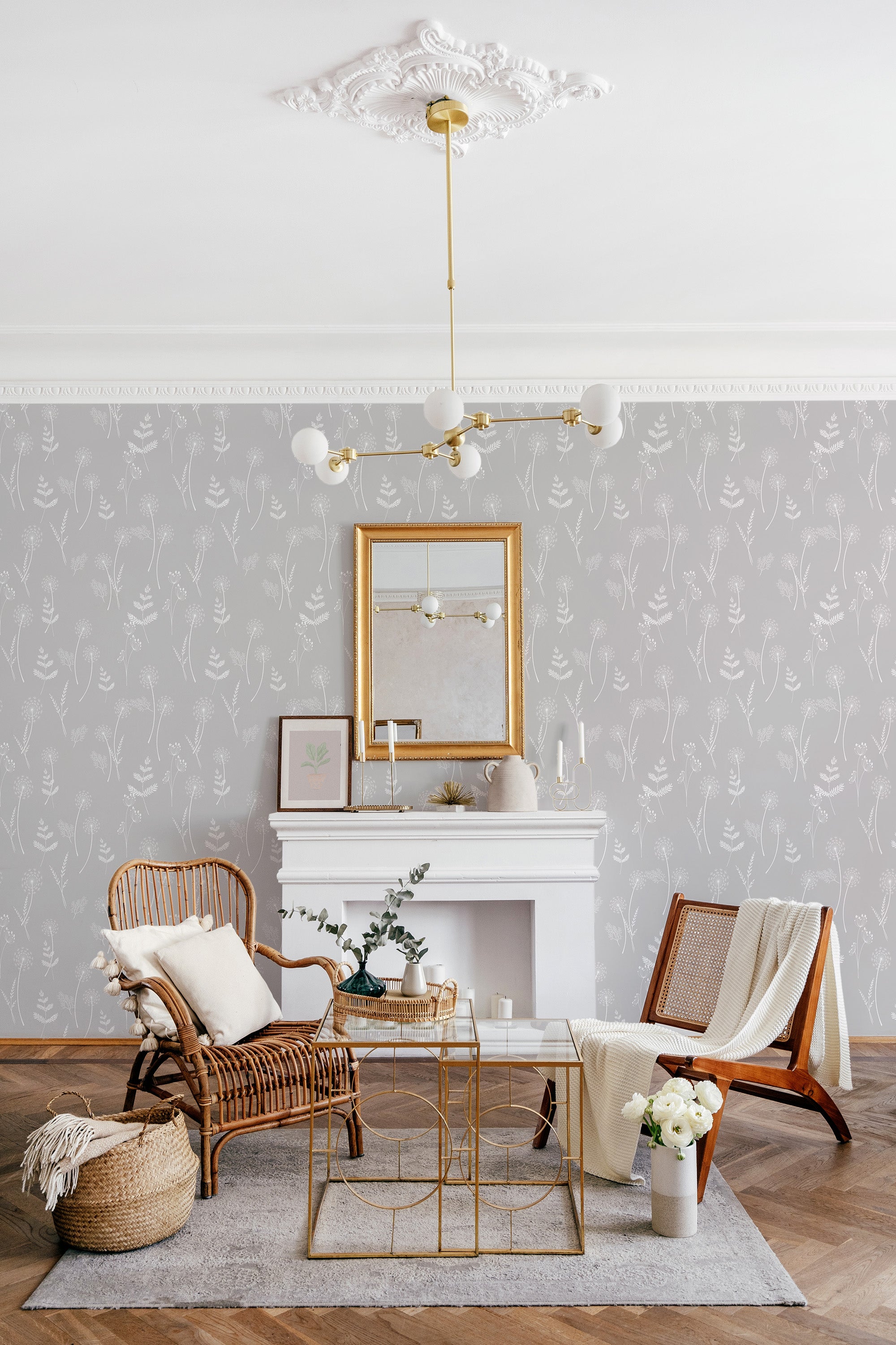 A room with light grey wallpaper adorned with delicate white dandelion patterns and subtle grass-like elements, enhancing a serene and natural ambiance, traditional wallpaper.
