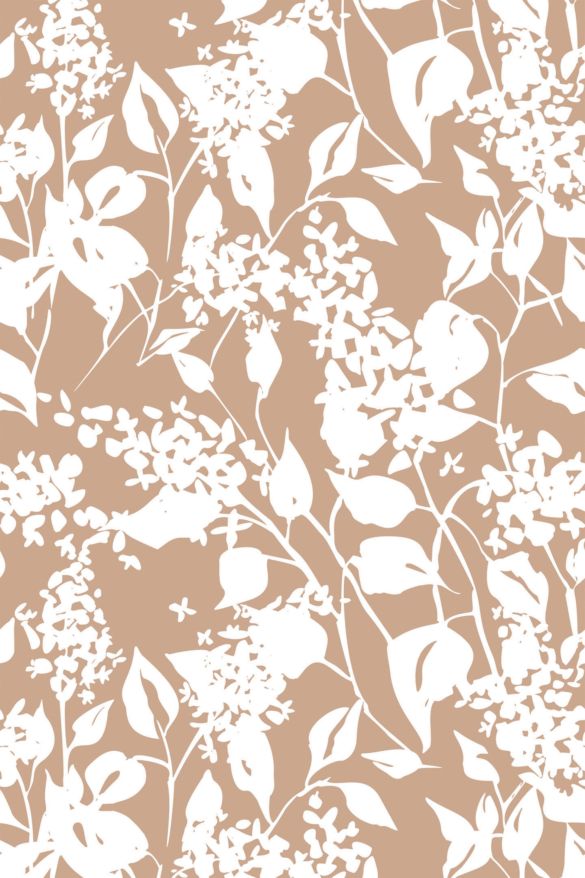 Floral wallpaper pattern with white silhouettes of leaves and flowers on a beige background, peel and stick removable wallpaper.