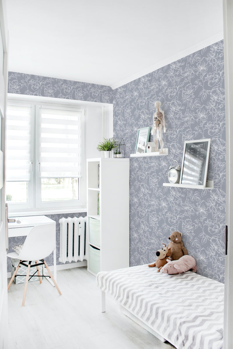 A room with walls covered in a Retro rose-patterned wallpaper, featuring delicate white line drawings of roses against a muted gray background, creating a classic and elegant ambiance. Traditional wallpaper.