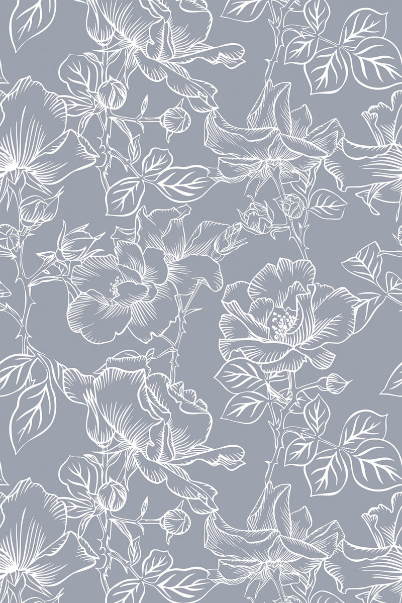 White line drawings of roses and leaves scattered across a soft gray background create a delicate, vintage-inspired pattern. Peel and stick removable wallpaper.