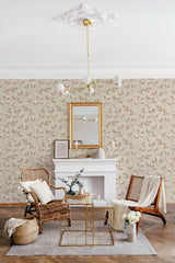 The wallpaper design has a neutral beige background adorned with delicate, small, white leaves and gold branches, creating an elegant and subtle pattern. Traditional wallpaper.