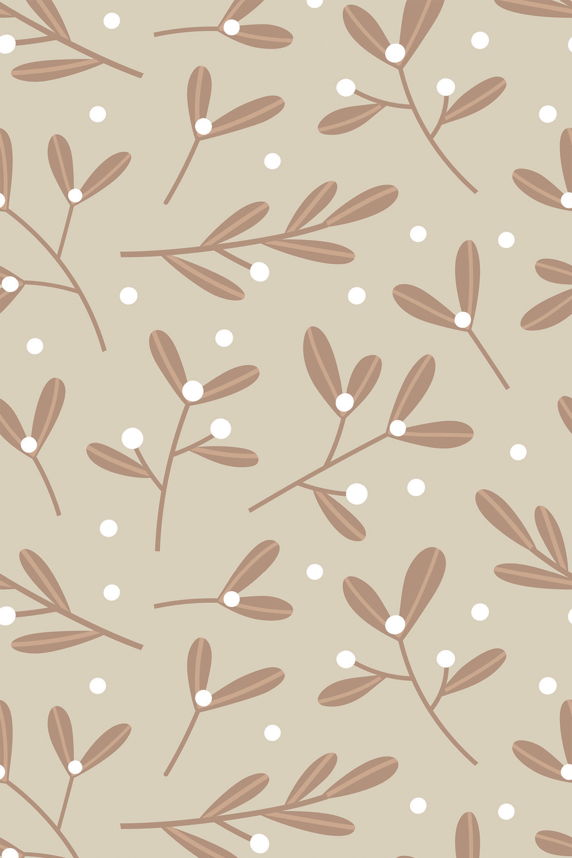 A pattern of brown nursery leaves and white dots on a beige background, peel and stick removable wallpaper.