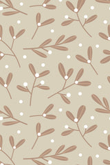 A pattern of brown nursery leaves and white dots on a beige background, peel and stick removable wallpaper.