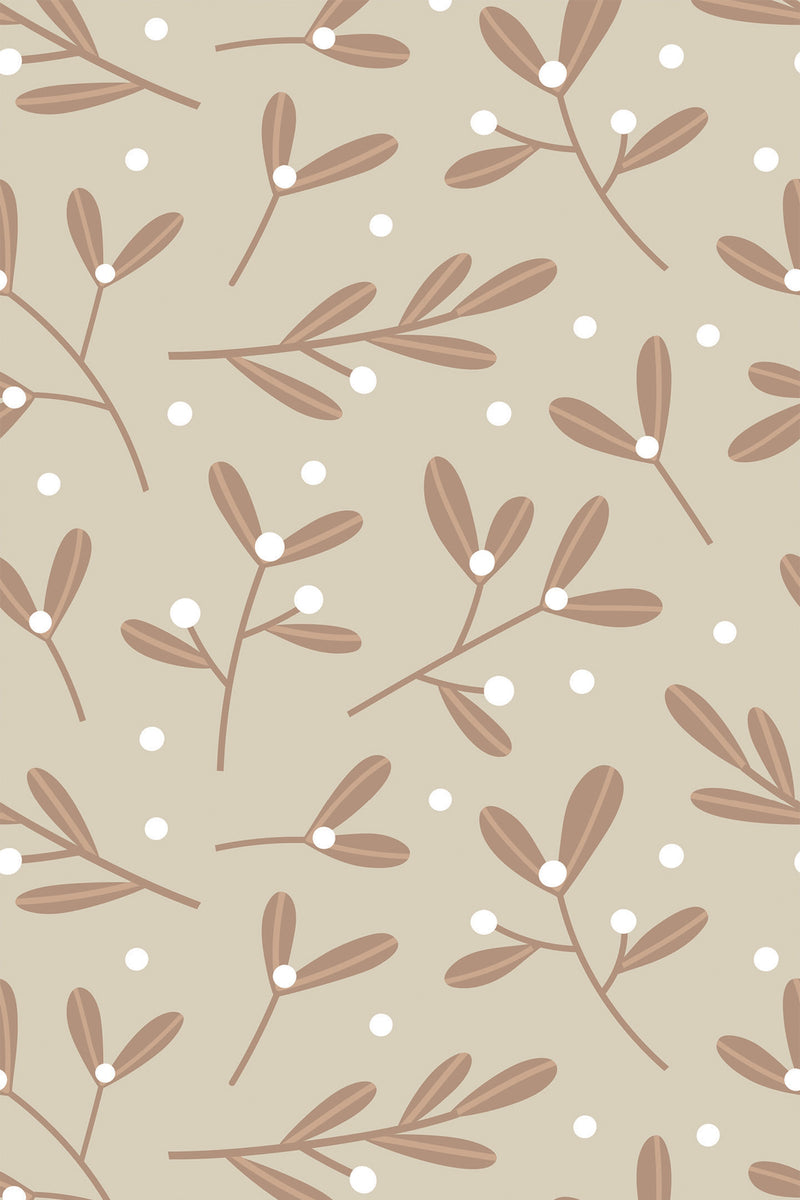 A pattern of brown nursery leaves and white dots on a beige background, peel and stick removable wallpaper.