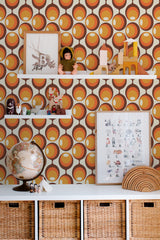 kids room toys pictures decor shelf boxes orange retro circle wallpaper for walls