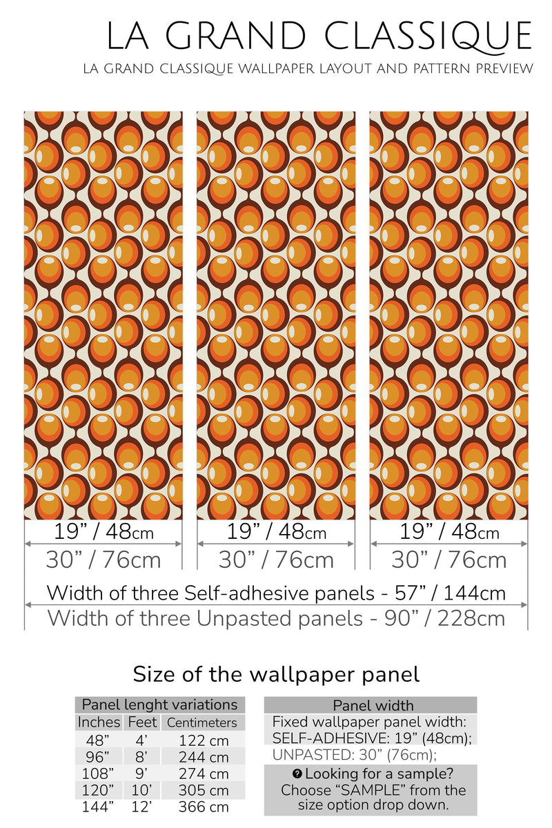 orange retro circle peel and stick wallpaper specifiation