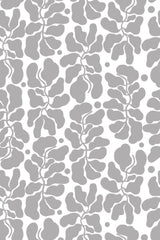 Patterned wallpaper with a monochromatic abstract leaf design in shades of gray, suitable for a modern interior, peel and stick removable wallpaper.