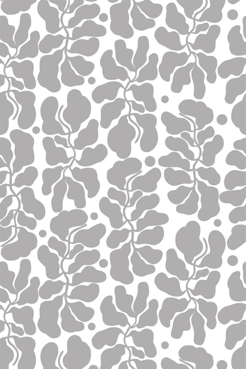 Patterned wallpaper with a monochromatic abstract leaf design in shades of gray, suitable for a modern interior, peel and stick removable wallpaper.