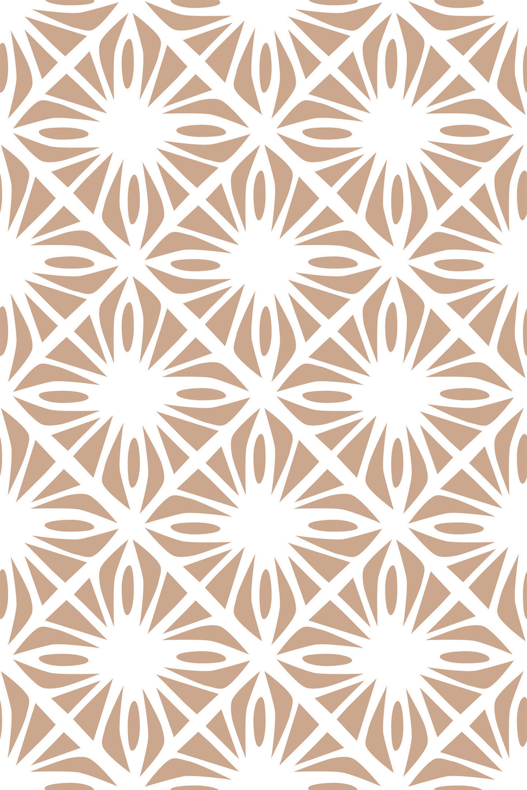 Moroccan tile pattern with interlocking geometric shapes in beige and white hues on peel and stick removable wallpaper.