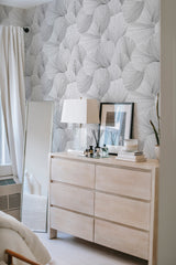         
peel and stick wallpaper seamless line art accent wall bedroom dresser mirror minimalist interior