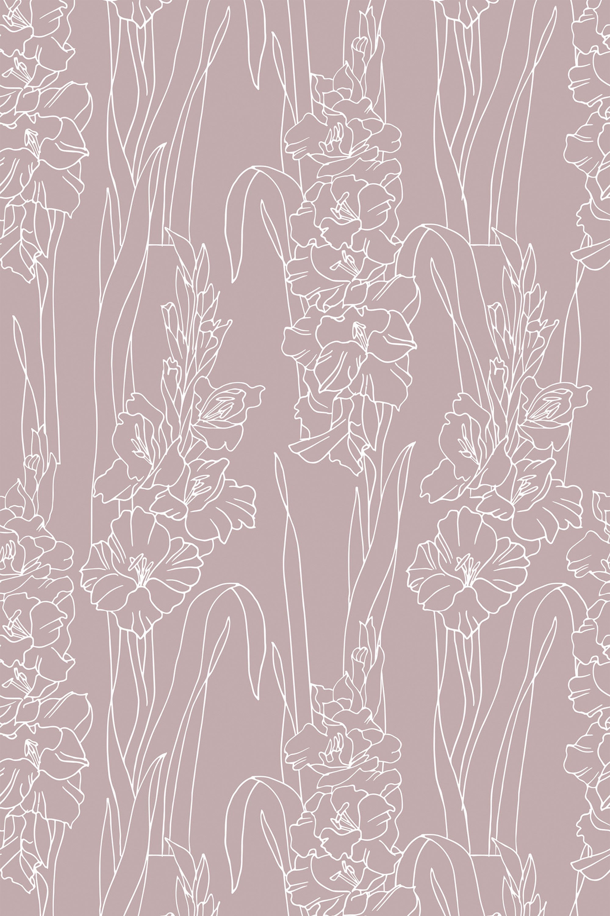 A pattern of white line-drawn gladiolus flowers on a dusty pink background, peel and stick removable wallpaper.