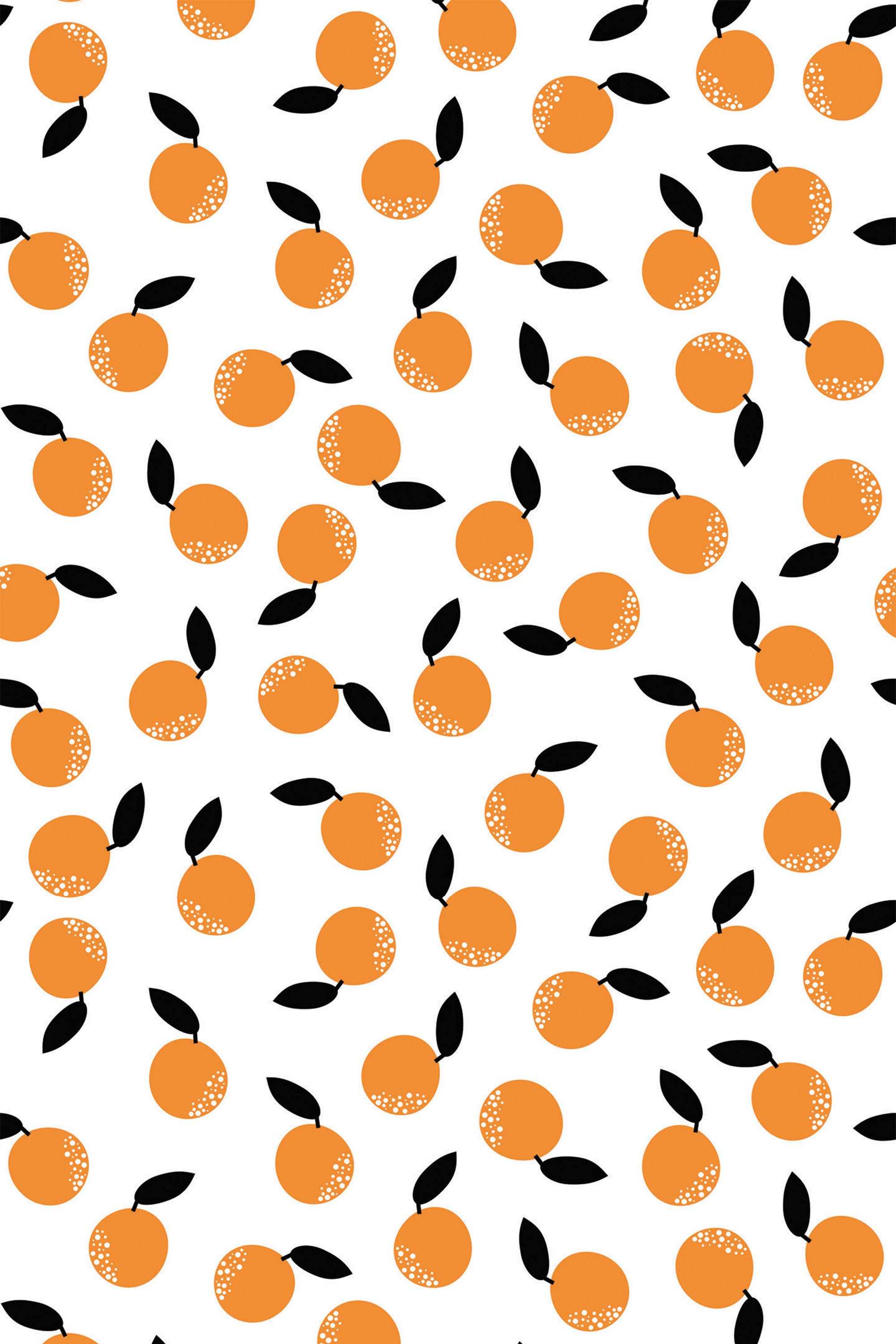 A pattern of stylized orange fruits with leaves on a white background, peel and stick removable wallpaper.