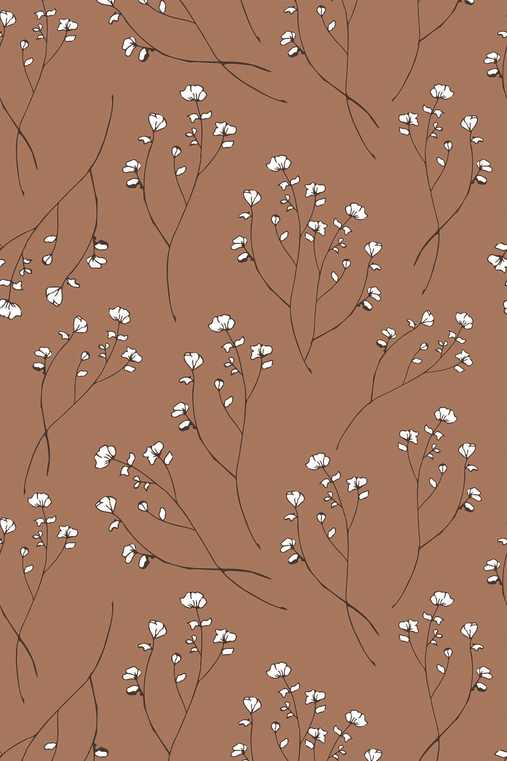 A peel and stick removable wallpaper with a pattern of small white flowers and delicate brown branches on a neutral background.
