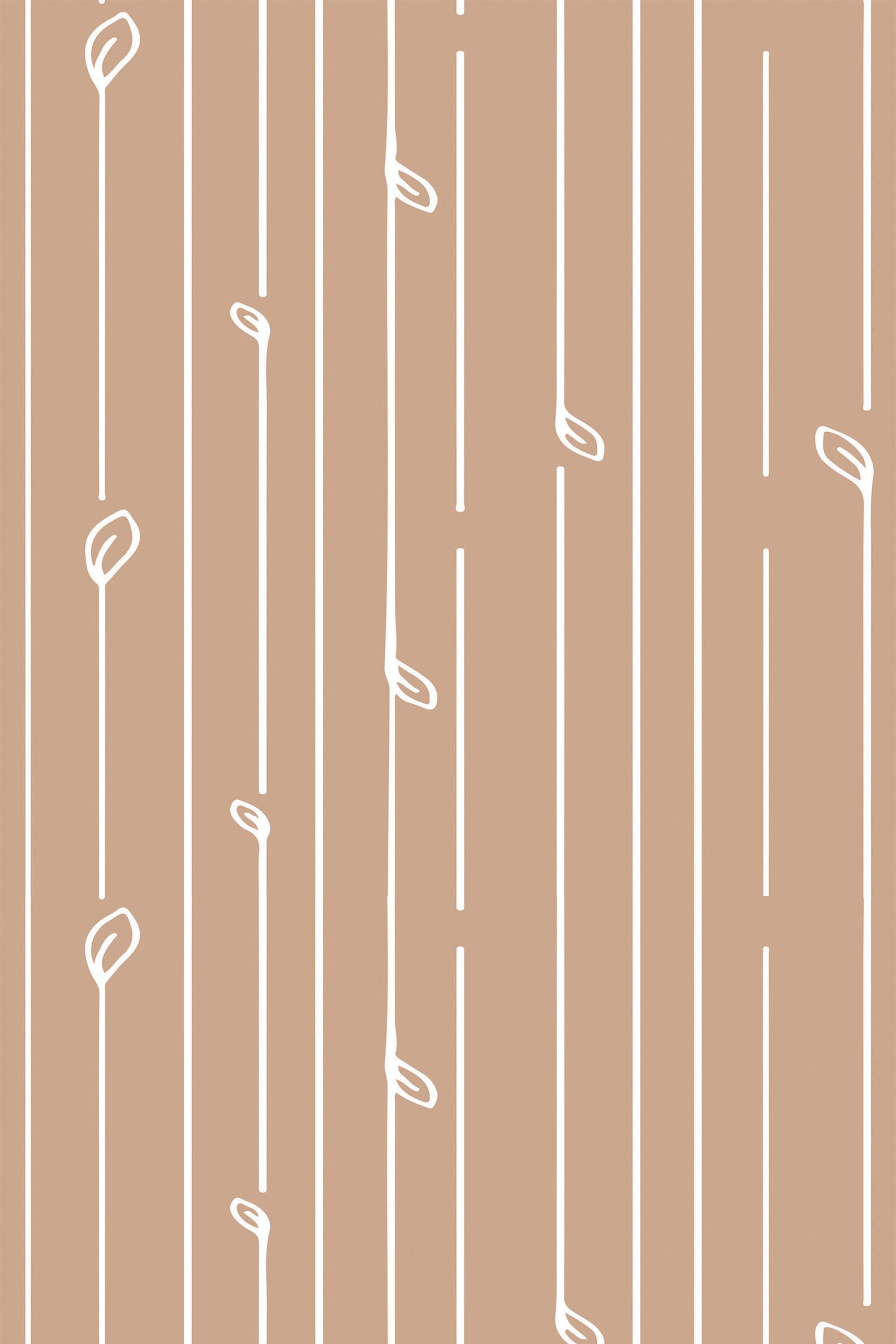 Striped pattern with thin white lines and whimsical loop accents on a tan background, peel and stick removable wallpaper.