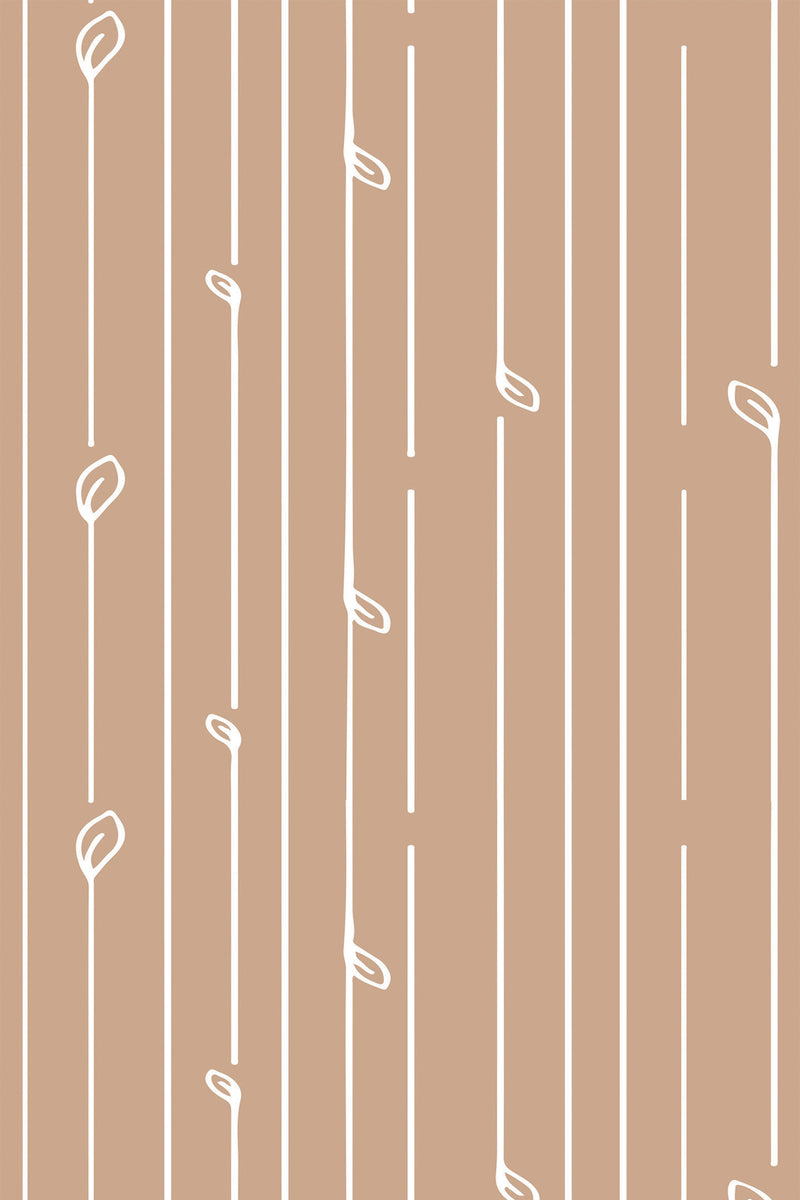 Striped pattern with thin white lines and whimsical loop accents on a tan background, peel and stick removable wallpaper.