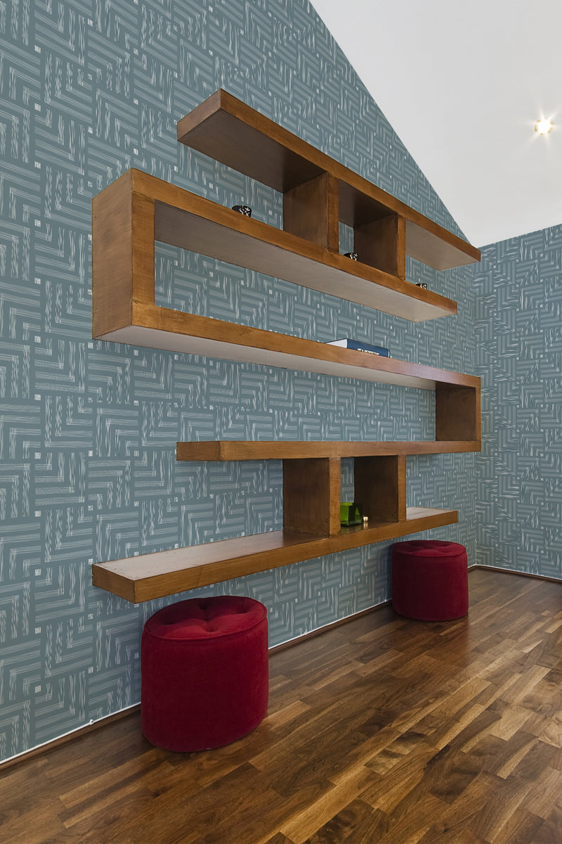 modern living room shelf velour puff chairs geometric seamless square wallpaper stick and peel