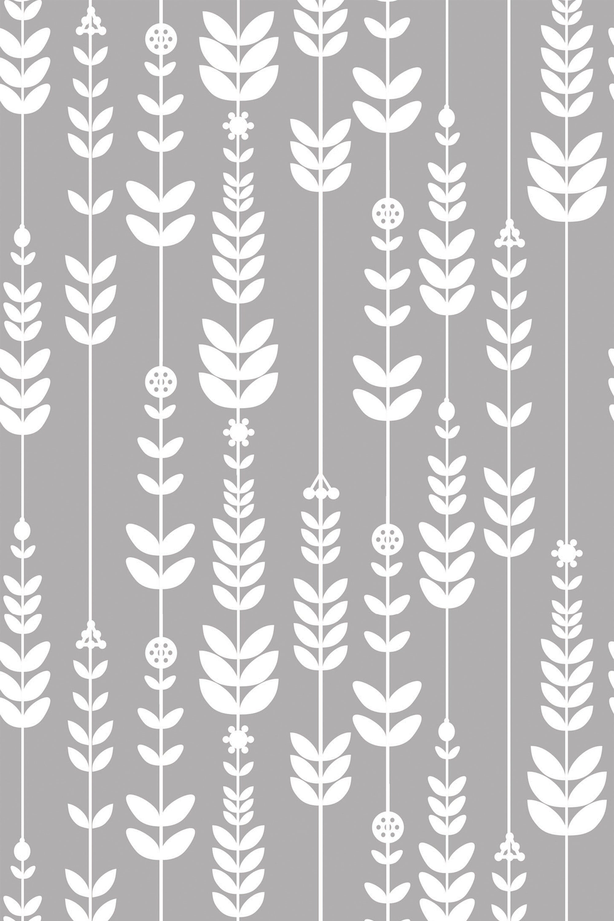 Pattern of vertical rows with stylized leaves and arrow-like motifs in white on a grey background, known as Leaf Arrows, peel and stick removable wallpaper.