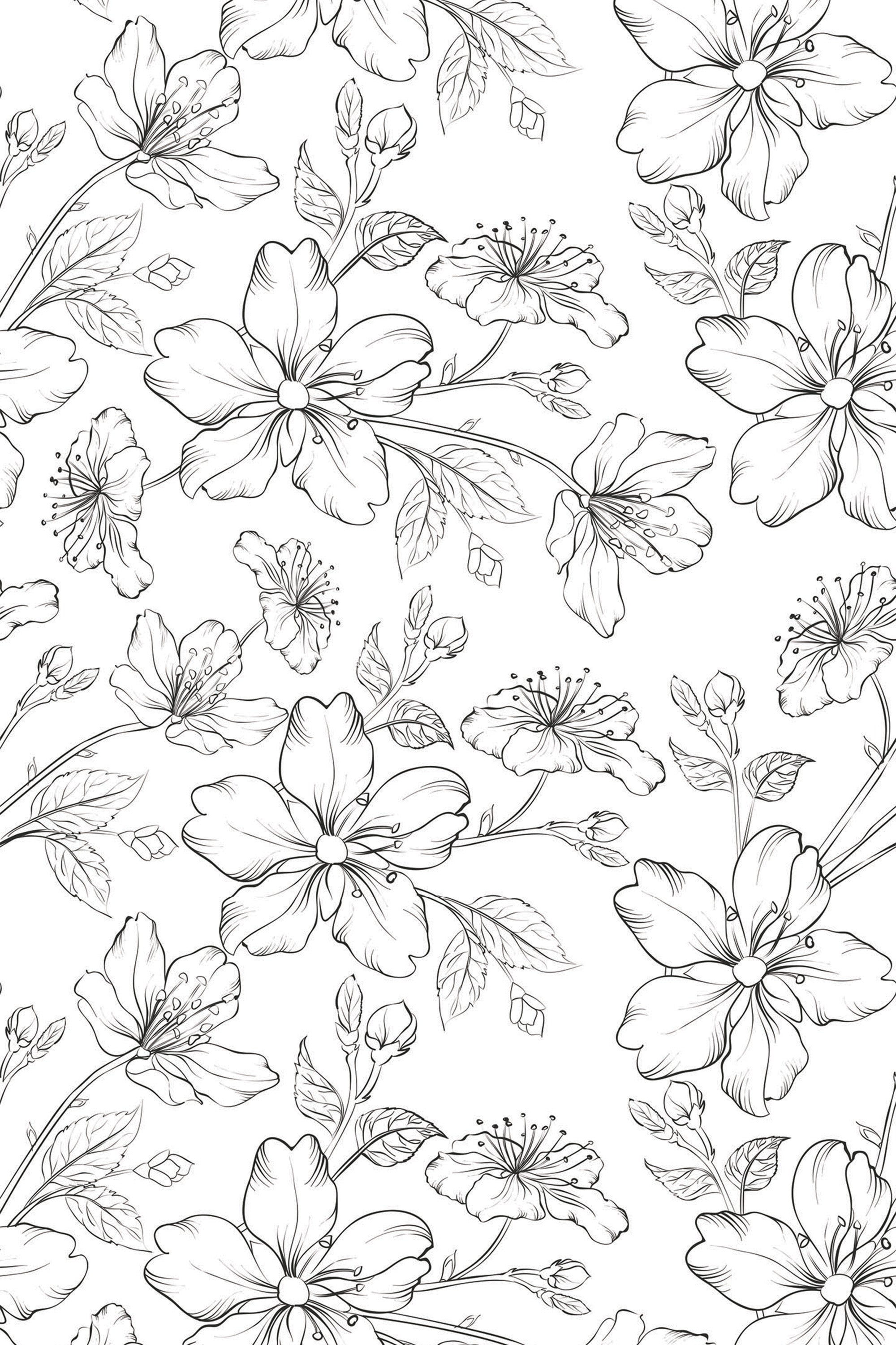Elegant black and white line drawing of various blooming flowers and leaves, creating a delicate and sophisticated pattern for a Floral nursery peel and stick removable wallpaper.