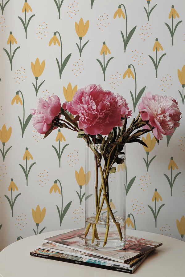 peonies magazines coffee table modern interior yellow tulip wall paper peel and stick