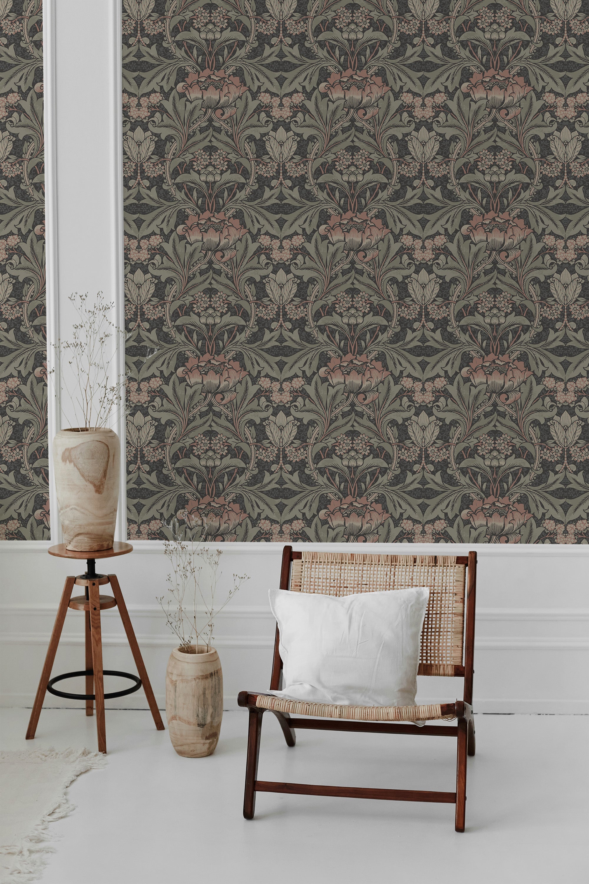 A room with Bold Retro wallpaper in muted tones, revealing a complex pattern of large stylized flowers and foliage, adding a vintage touch to the space with traditional wallpaper.