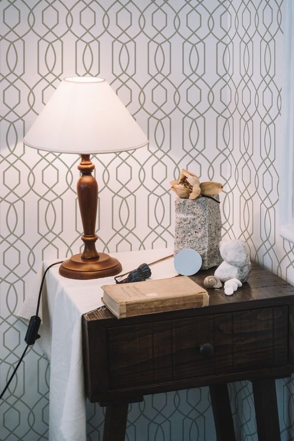 peel and stick wallpaper art deco line pattern accent wall bedroom nightstand interior