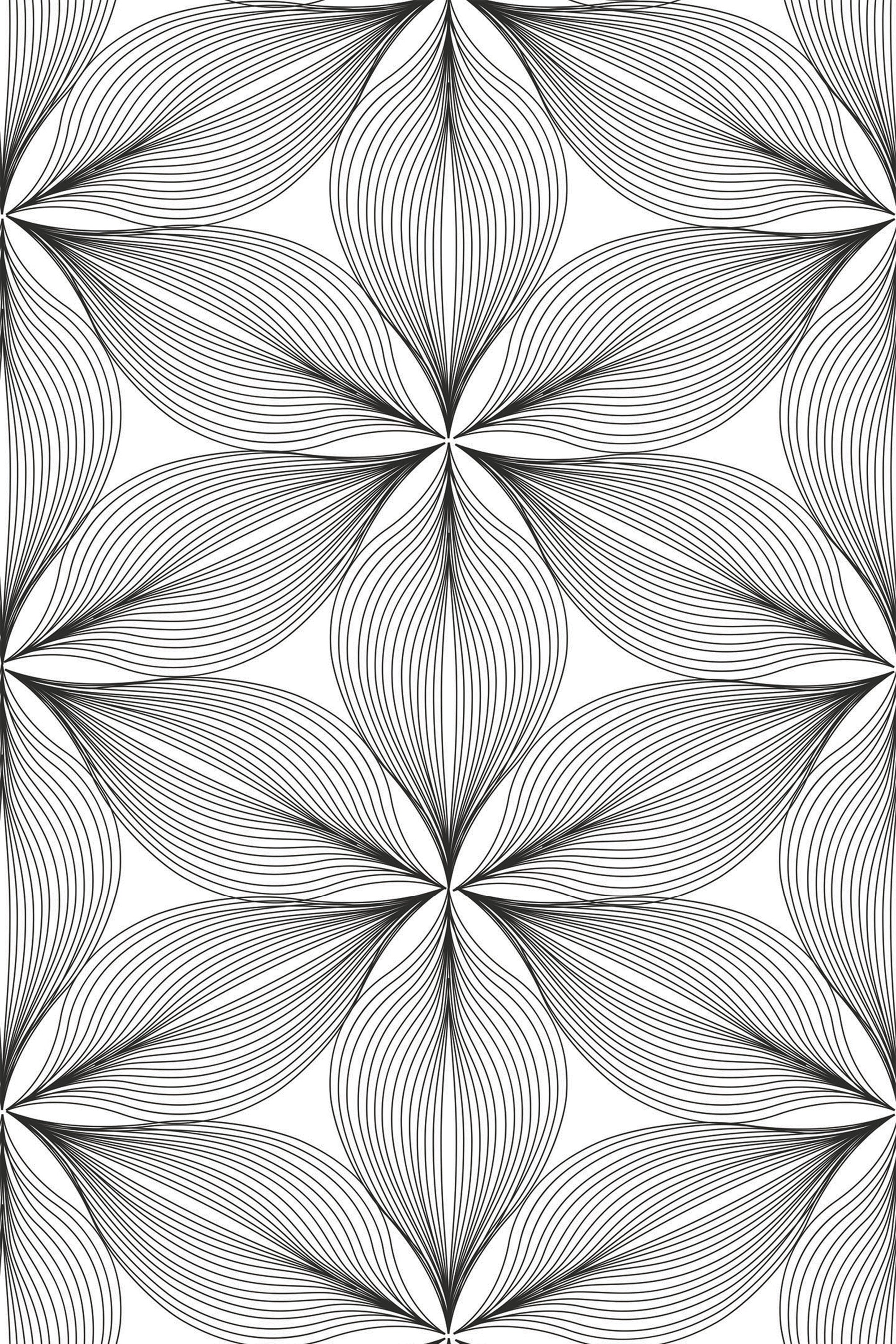 A seamless pattern with alternating vertical stripes and stylized flowers composed of fine, curved lines, in a monochrome palette, suitable as peel and stick removable wallpaper.