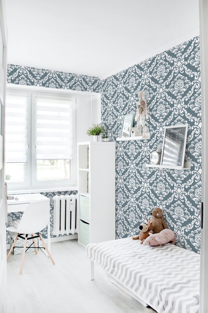 removable wallpaper vintage damask pattern pattern kids room desk bed bookshelf toys