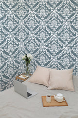 temporary wallpaper vintage damask pattern pattern cozy romantic bedroom interior