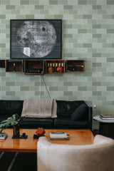 modern sophisticated living room leather sofa green tile peel and stick removable wallpaper