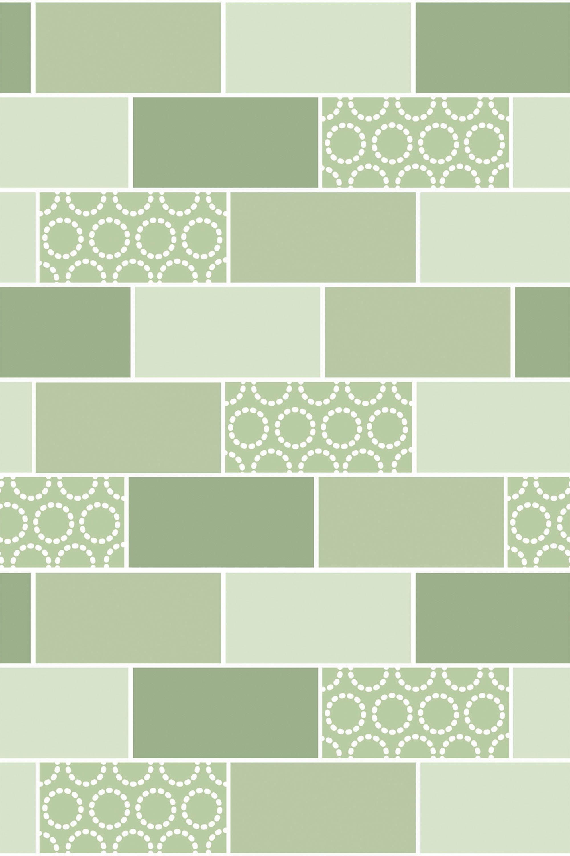 A pattern of alternating green tiles and decorative tiles with circular motifs, in shades of green, arranged in a brick layout. Peel and stick removable wallpaper.