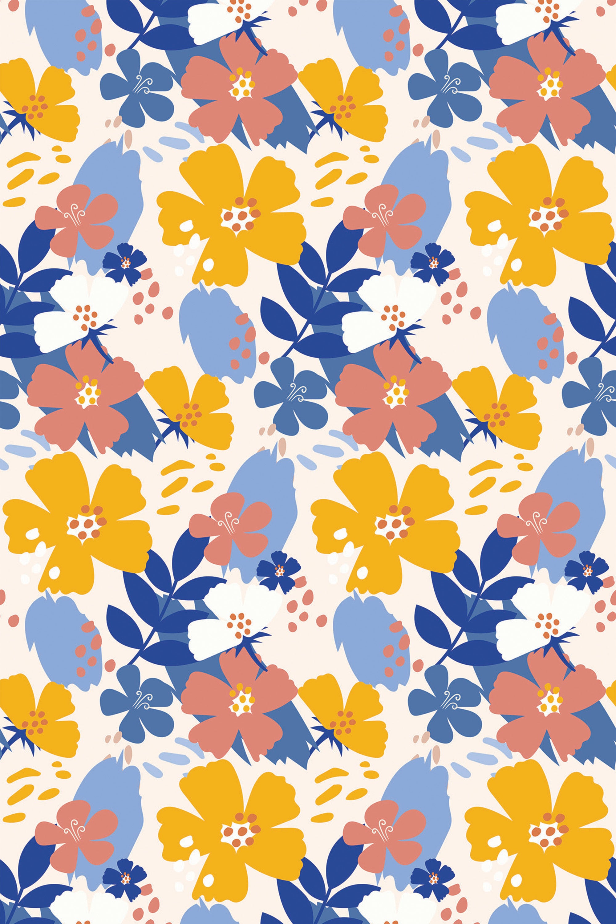 A pattern of large yellow and blue flowers with white accents set against a neutral background, interspersed with small red dots, creating a vibrant and cheerful spring theme for peel and stick removable wallpaper.