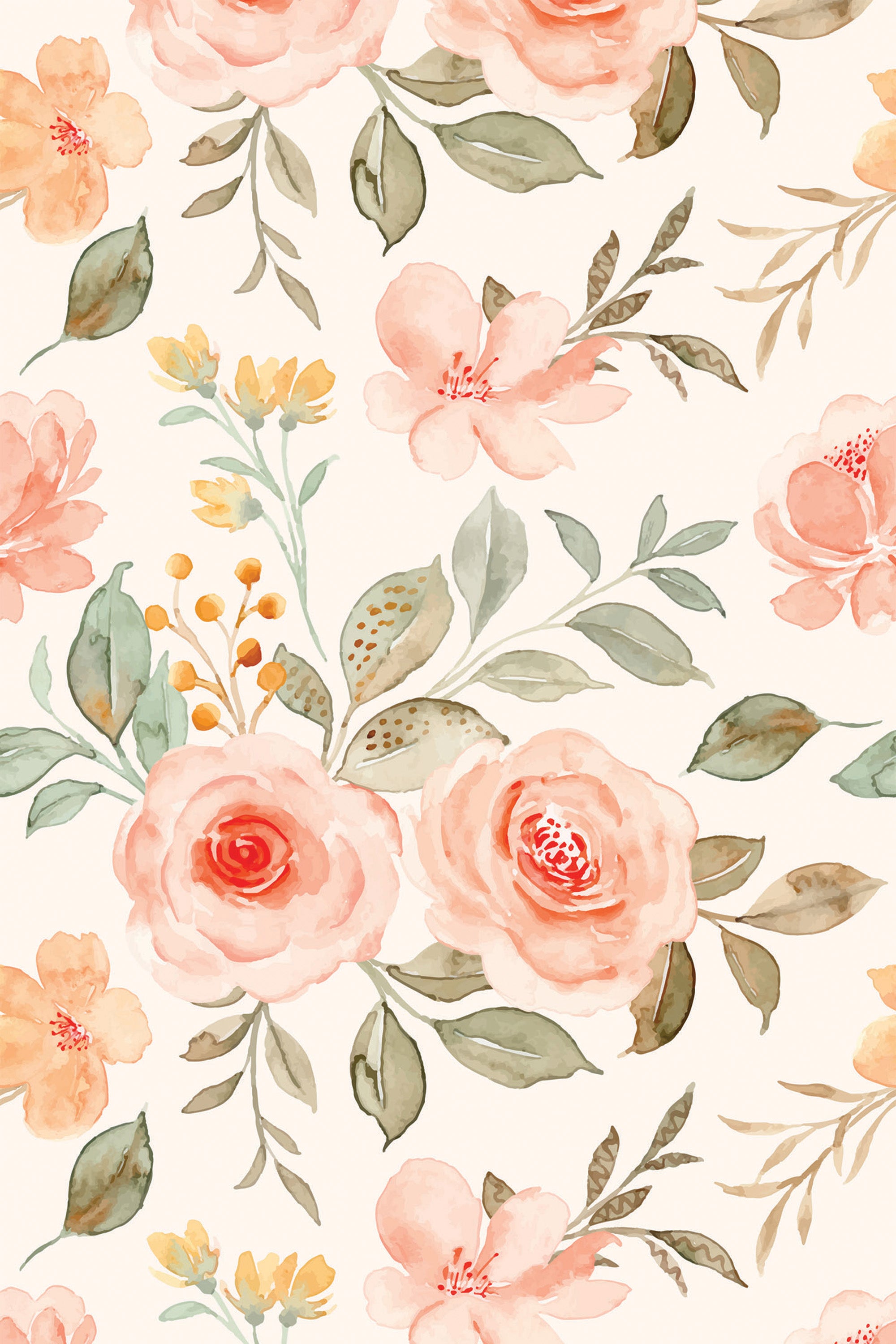 A pattern of watercolor blush roses and green foliage on a cream background, peel and stick removable wallpaper.