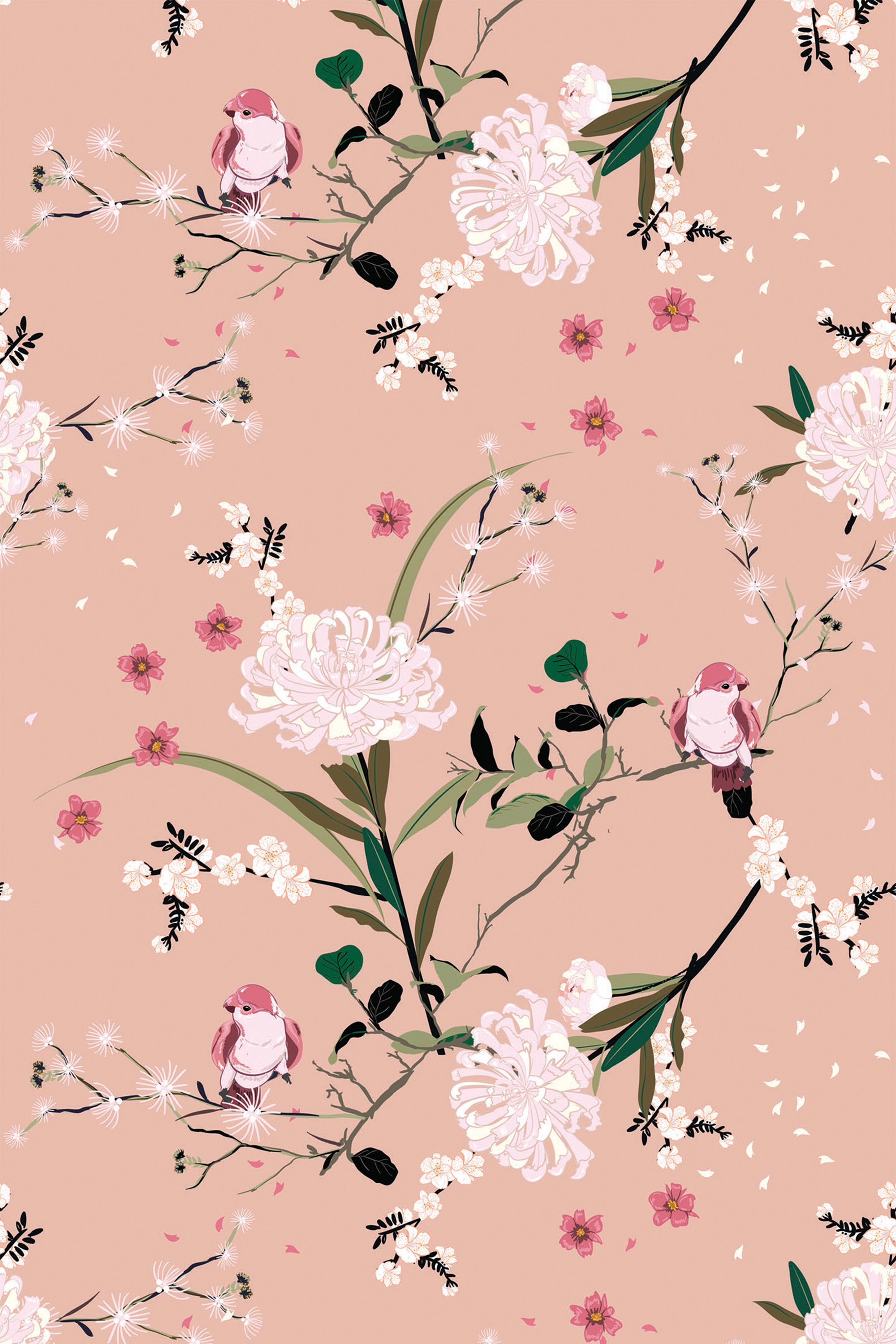 A pastel peach backdrop adorned with illustrations of pink spring birds perched on branches, surrounded by lush blooms and delicate petals, entitled 'Spring bird' peel and stick removable wallpaper.