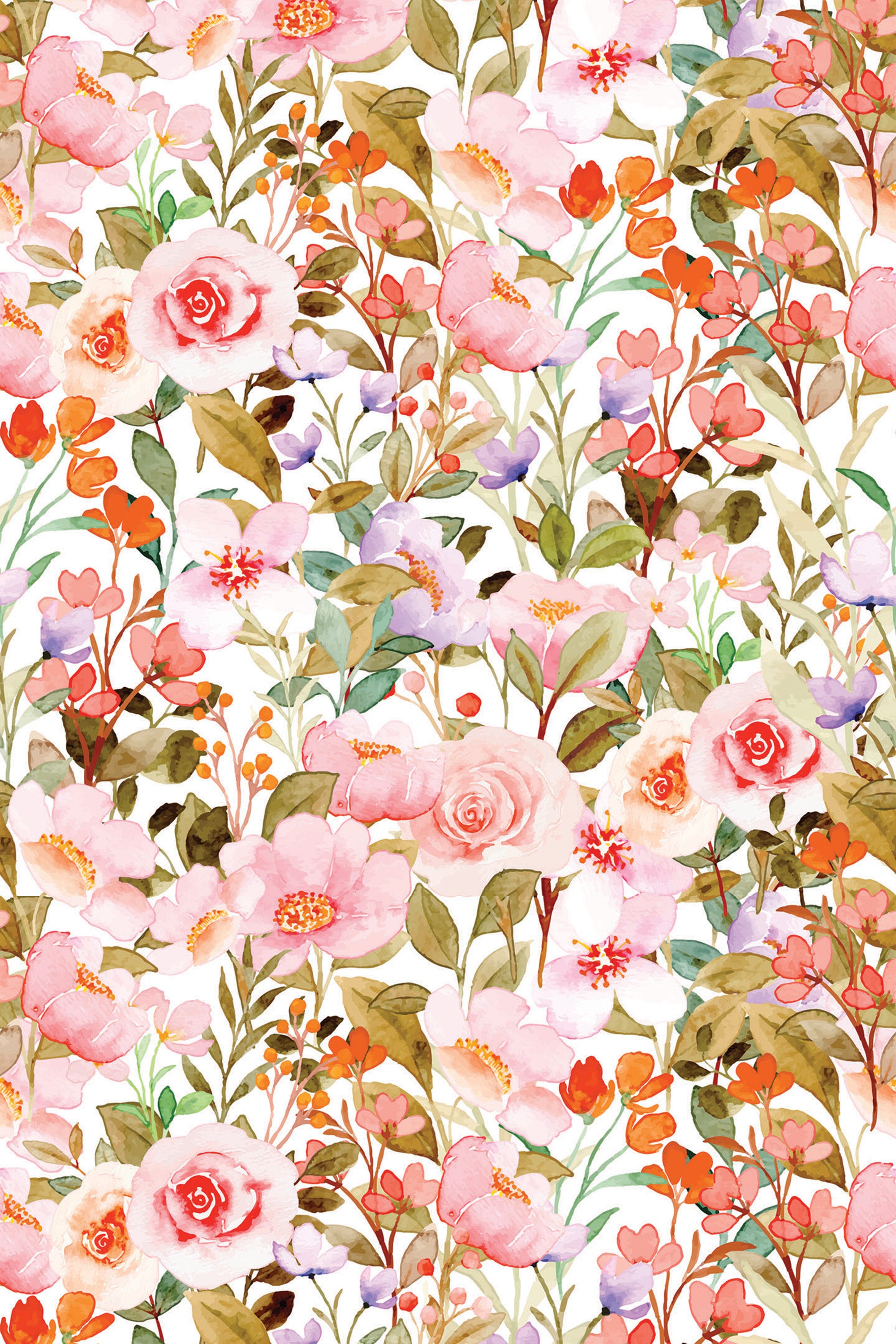 A pattern of watercolor pink roses, tiny red flowers, and various green leaves on an off-white background, titled Pink Spring Floral, peel and stick removable wallpaper.