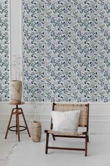 modern living room rattan chair decorative vase blue watercolor leaf pattern