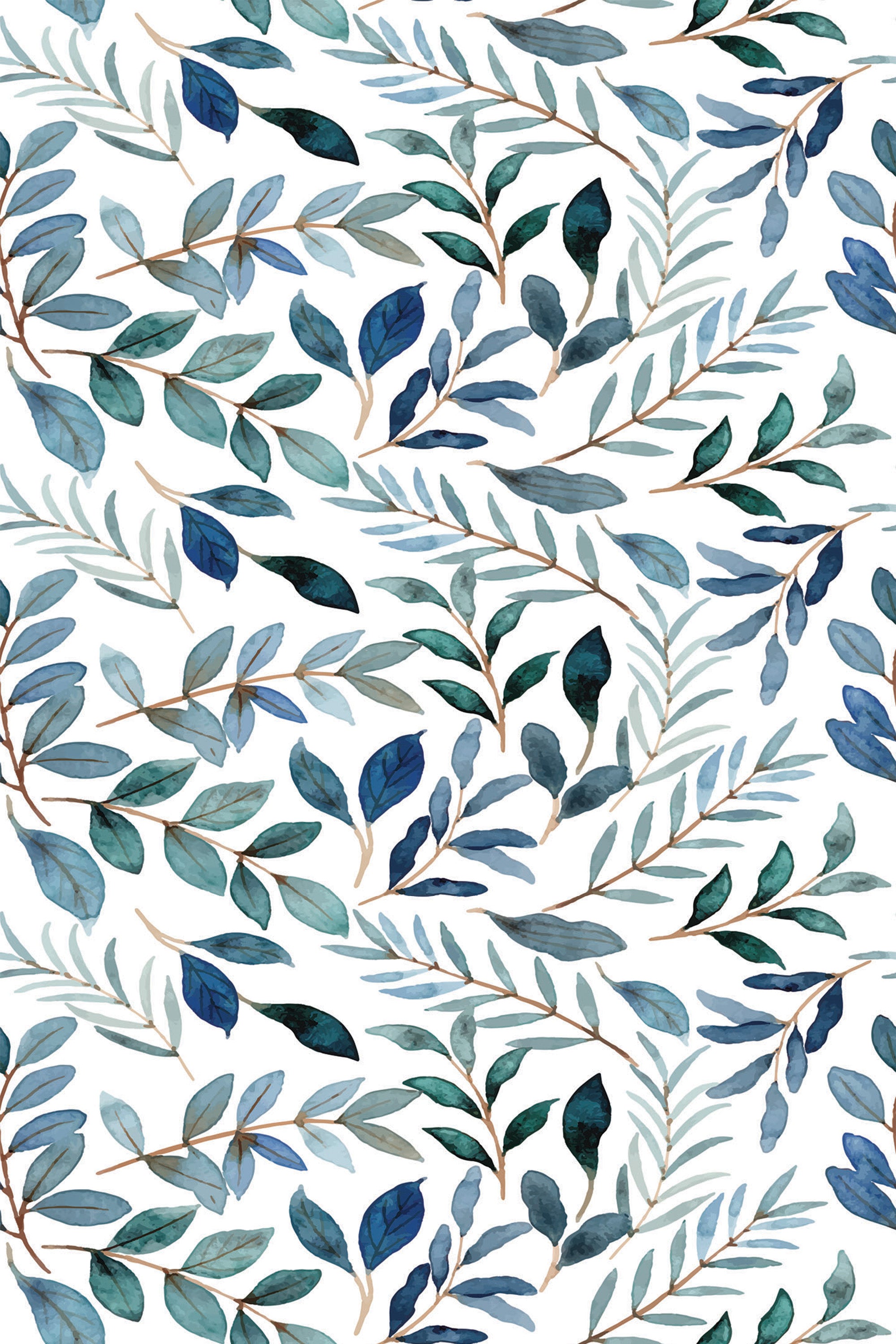 Blue and green watercolor leaf patterns on a white background, offering an elegant botanical theme for a peel and stick removable wallpaper.