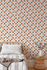 cozy bedroom interior rattan furniture decor colorful check accent wall