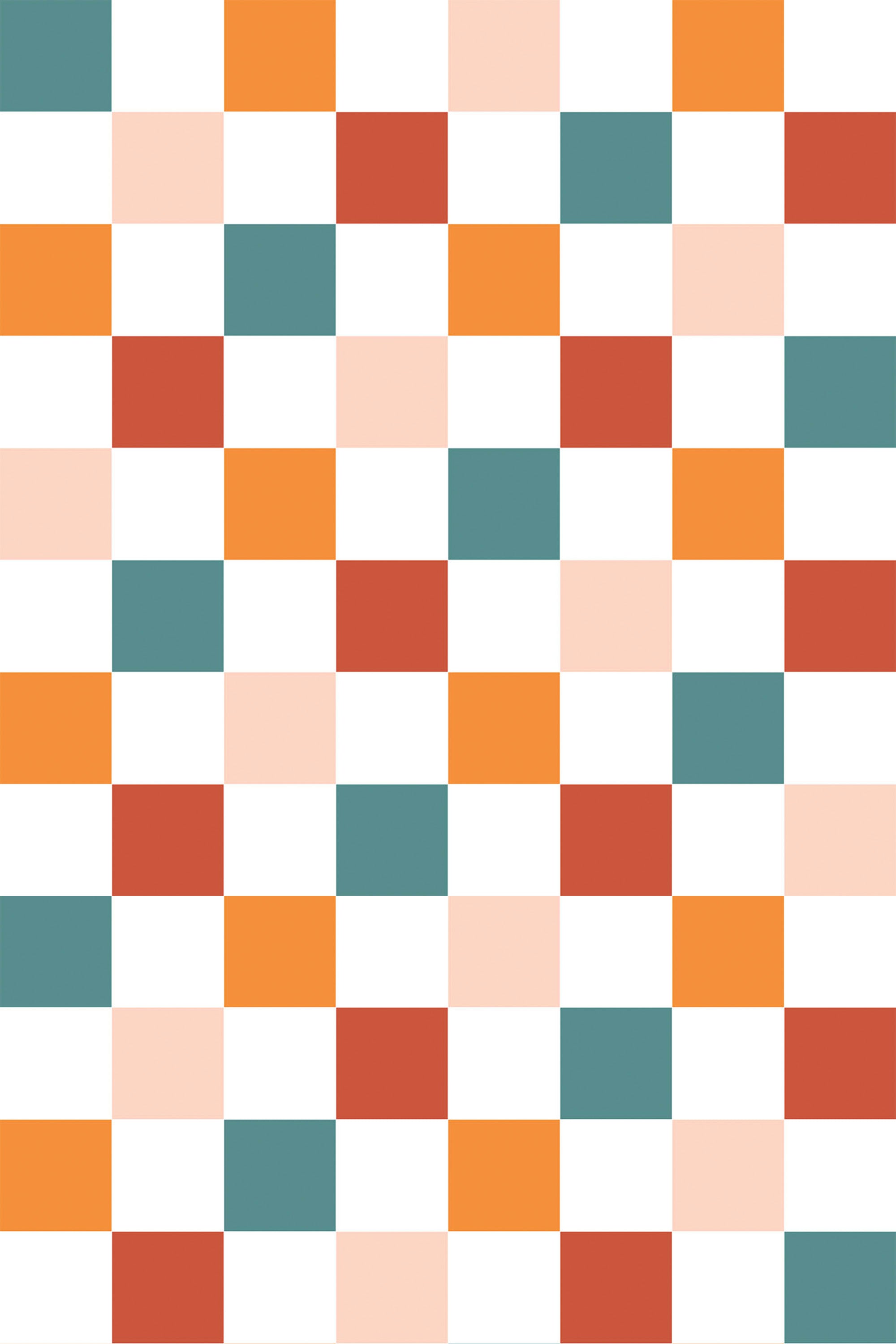 Alternating squares in shades of orange, cream, teal, and terracotta form a vibrant checkerboard pattern on this peel and stick removable wallpaper.