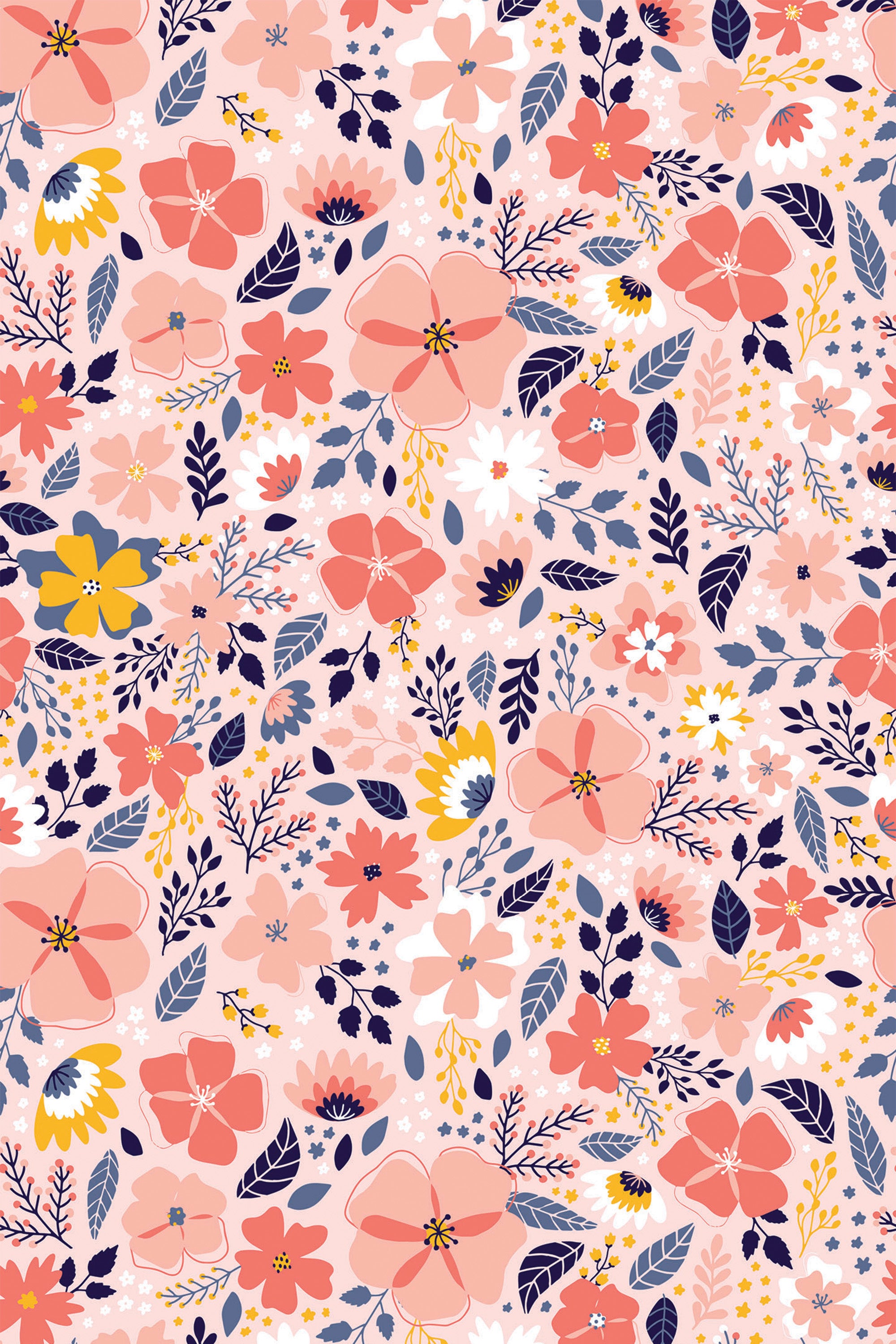 A vibrant pattern of pink, yellow, and blue flowers interspersed with green foliage on a light background, named Pink Spring, as a peel and stick removable wallpaper.