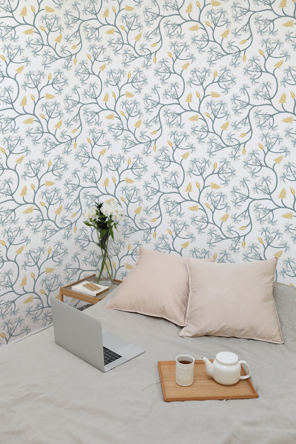 temporary wallpaper blue seamless floral pattern cozy romantic bedroom interior