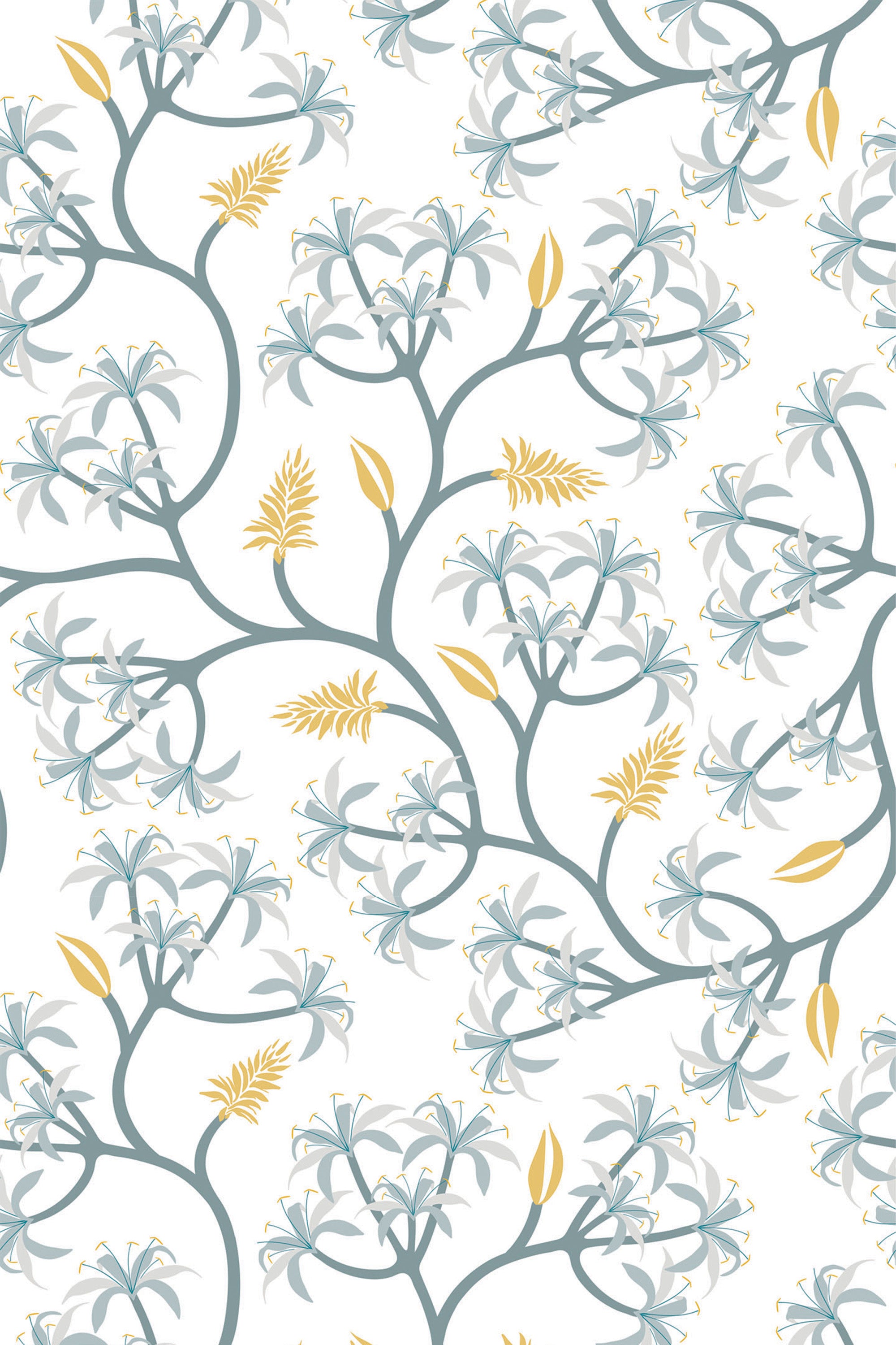 A Blue seamless Floral pattern with intertwined blue branches and leaves accented by yellow elements on a light background, peel and stick removable wallpaper.