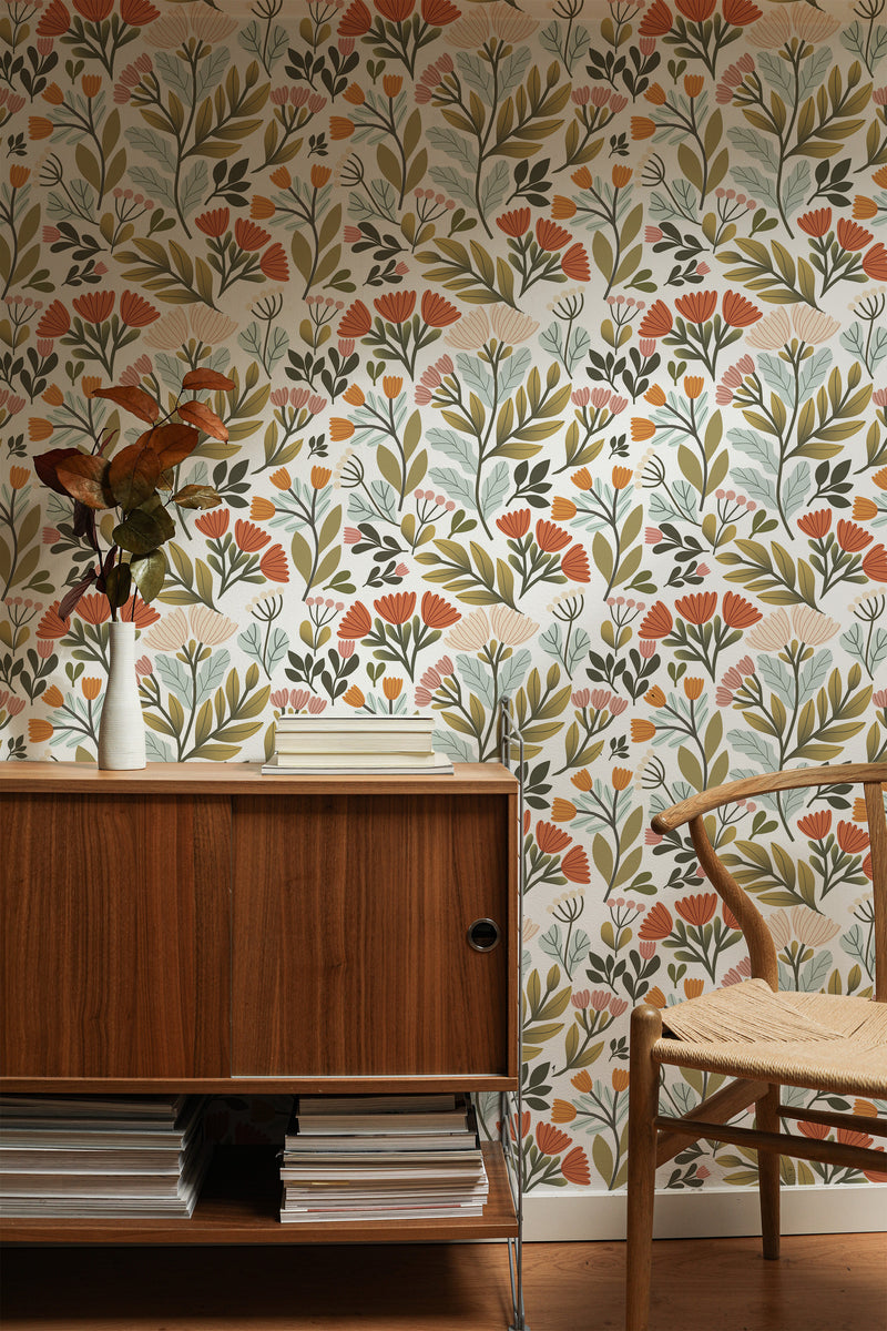 traditional wallpaper natural floral nursery pattern accent wall sophisticated living room interior