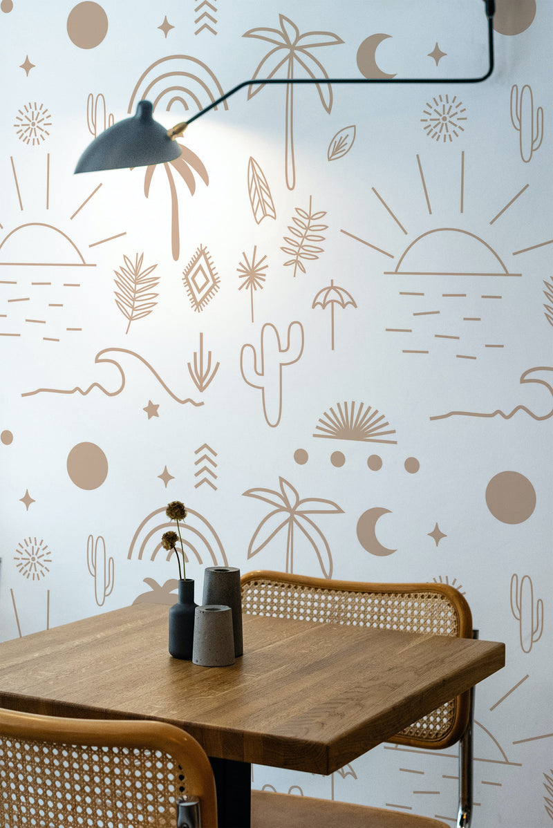 Self-adhesive wallpaper with a neutral bohemian pattern of suns, moons, cacti, and botanical elements in earth tones on a light background.